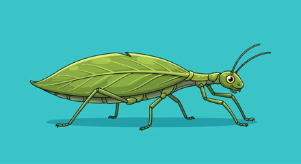 Cartoon leaf insect illustration with vibrant green body on blue background © johanes