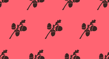 Seamless vector pattern of oak branches with acorns on a coral background, graphic element © johanes