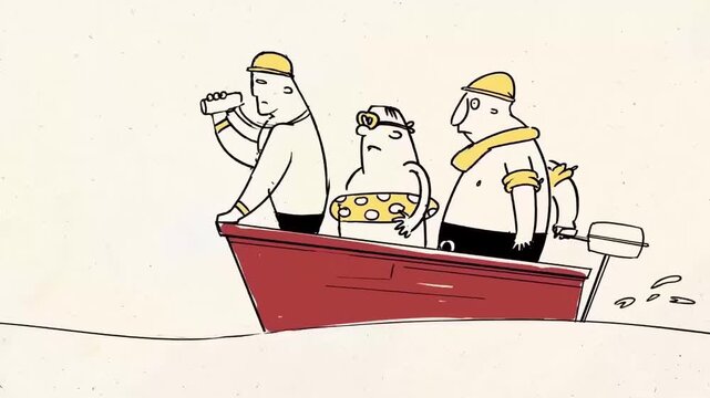 Funny Cartoon Fishermen Men and Dog Riding a Small Motorboat Line Art Animation