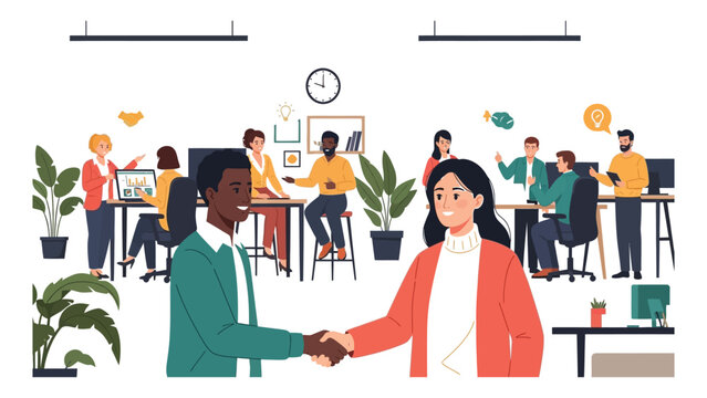 Business professionals interact in an office setting while working together on collaborative tasks.
