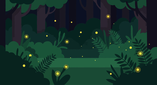 Magical forest at night with glowing fireflies and lush green foliage