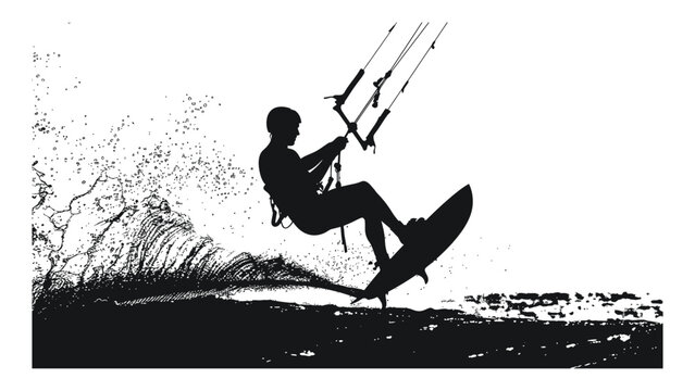 Kitesurfer glides across the water surface with high energy in this dynamic black silhouette art.