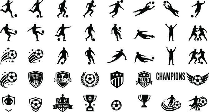 Black Soccer Football Player Silhouette Champions Club Badge Trophy Ball Action Large Collection Vector Illustration Set