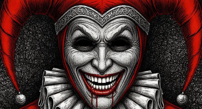 Sinister jester face with a terrifying grin and bloody lips. Dark fantasy illustration of an evil clown wearing a red hat and ruff. Horror character concept for Halloween themes and gothic art.