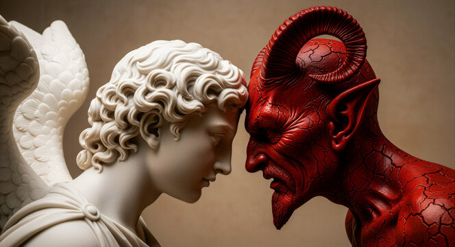White marble angel and red demon sculptures touching foreheads. Duality of human nature and the struggle between good and evil. Morality and inner conflict theme for spiritual or philosophical.