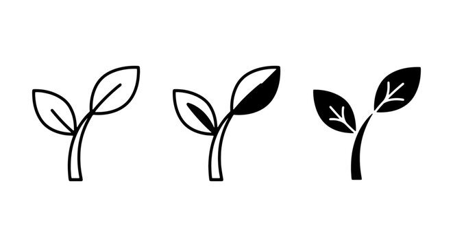 Seedling Icons, Sprout Vector Graphics, Growth Symbols. Simple Outline and Silhouette Plant Icons for Ecology, Nature, and Business Concepts.