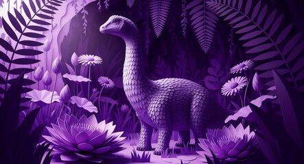 Stylized purple dinosaur standing in a lush prehistoric jungle with exotic flowers. Artistic monochromatic illustration of a long-necked sauropod. Ideal for children's decor and fantasy themes.