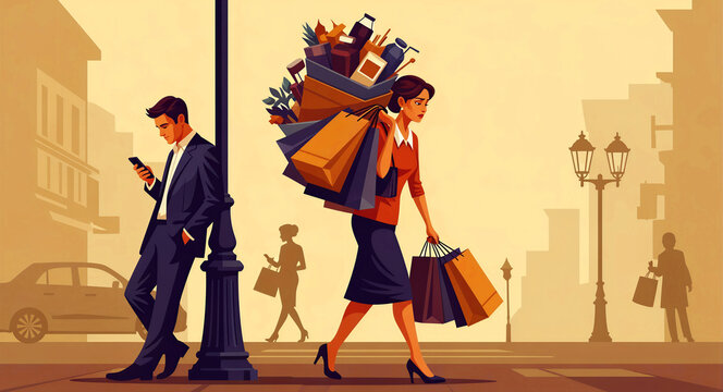 Woman carrying heavy shopping bags while man looks at his phone. Illustration depicts a contrast between domestic labor and digital distraction. Inequality concept ideal for social commentary.