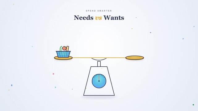 Needs versus wants comparison with animated balance scale weighing shopping icons for budgeting