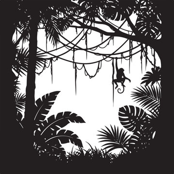Monkey Swinging in Tropical Jungle Silhouette Against Bright Sky at Dusk,Generative Ai