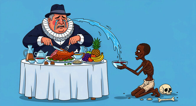 Wealthy man feasting while crying into a bowl held by a starving child. Satirical illustration depicting the global wealth gap and social inequality. Ideal for poverty and social justice campaigns.