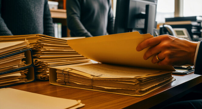 Professional opening a manila folder on a desk filled with stacks of documents. Lawyer or accountant reviewing legal files in a busy office. Bureaucracy and record-keeping service concept.