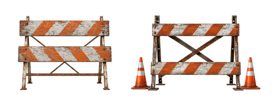 Old weathered road barricades and traffic cones isolated on white background, featuring orange and white warning stripes, construction safety equipment, urban detour barriers, and vintage industrial t