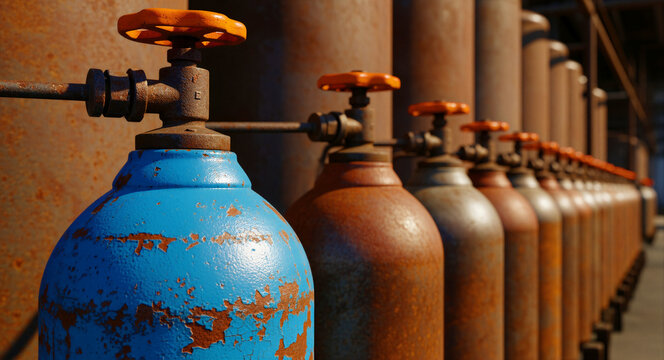 Row of rusty industrial gas cylinders with orange valves in storage. Close-up of a weathered blue tank showing heavy oxidation. Manufacturing supply concept for welding and heavy industry marketing.