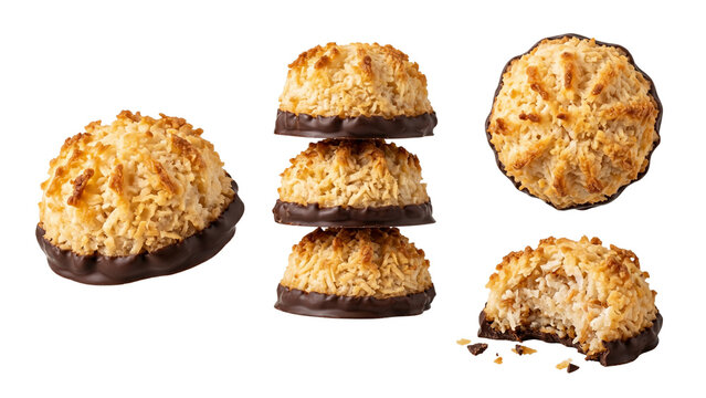 Toasted Coconut Macaroon Chocolate Dipped Cookie Whole Stack Top Broken Transparent PNG Isolated White Background Views Set