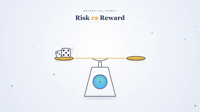 Risk versus reward comparison with animated balance scale weighing dice and trophy for investing