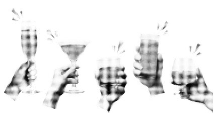 A set of halftone collage hands holding various champagne and cocktail glasses, depicting a celebratory toast with sparkling wine. Perfect for party stickers or event invitations. © Icon Sets