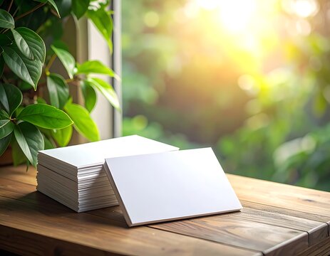 A stack of blank white cards on a wooden table (2)