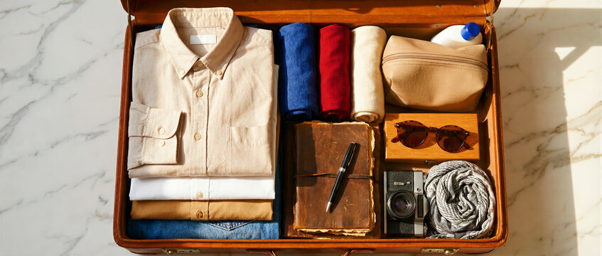 Overhead view of a vintage leather suitcase packed with travel essentials and men's clothing. Featuring a retro camera, leather journal, and folded shirts arranged neatly. Ideal for travel marketing.