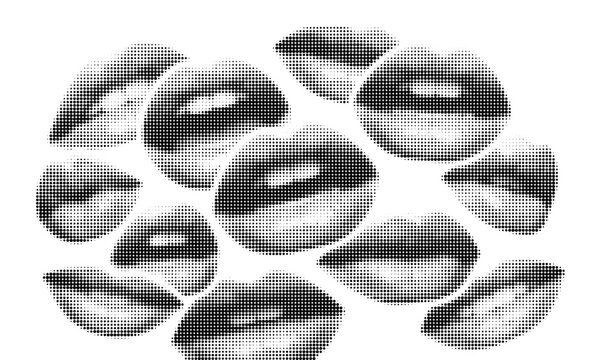Halftone collage of human mouths and lips showing various expressions like smiling, talking, screaming, and shouting. Dotted modern retro urban magazine style.