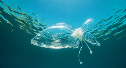 Obraz premium Fish made of clear plastic swimming in the deep blue ocean. Sunlight reflects off the transparent plastic body. Environmental pollution concept showing plastic waste impact on marine life.