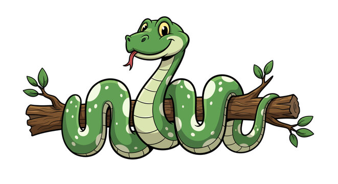 Cartoon Green Snake Coiled on a Branch with Leaves in Bright Illustration.