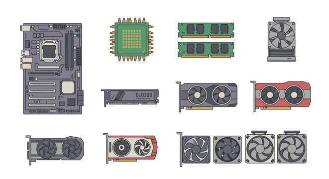 Computer hardware components on table.