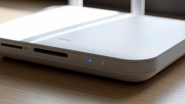 Modern WiFi Router With Status Light on Desk Close Up Video