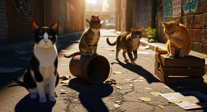 A group of diverse cats gathering in a sunny urban alleyway. One tabby cat wears a cowboy hat while others rest near vintage crates. Humorous animal concept, ideal for creative pet advertising.