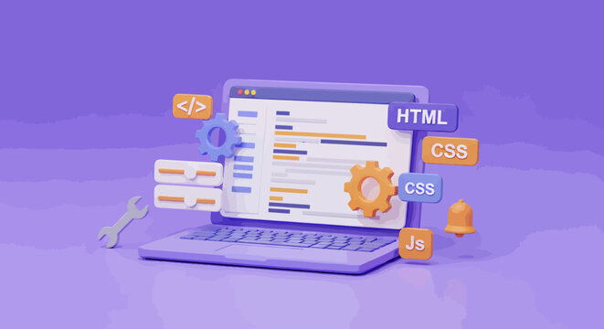 Sophisticated web development illustration showing coding, UI design, and digital interface on a laptop.