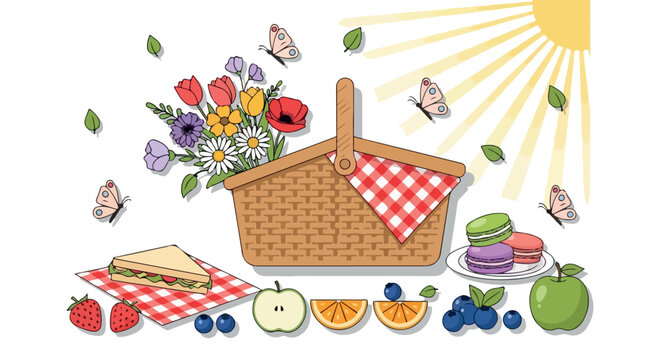 Summer picnic basket with spring flowers and snacks, wicker hamper with red gingham cloth, outdoor lunch vector with fruit and macarons