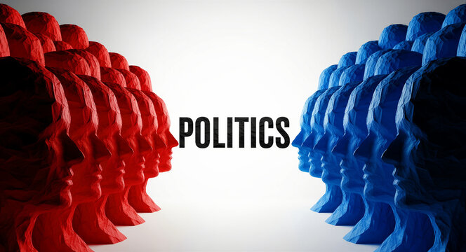 Red and blue human heads face off with the word politics in the center. Conceptual 3D illustration of political polarization and partisan division. Perfect for news, election coverage, and debate.