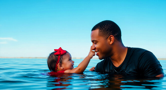 Happy Black father and baby daughter playing in blue water. Infant girl touches her father's nose as they share a joyful moment. Family vacation and fatherhood bonding concept for lifestyle marketing.