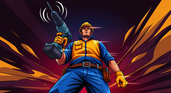 Construction worker in heroic pose holding power drill. Manual laborer wearing hard hat and safety gear against dynamic comic background. Repair service concept, ideal for renovation marketing.