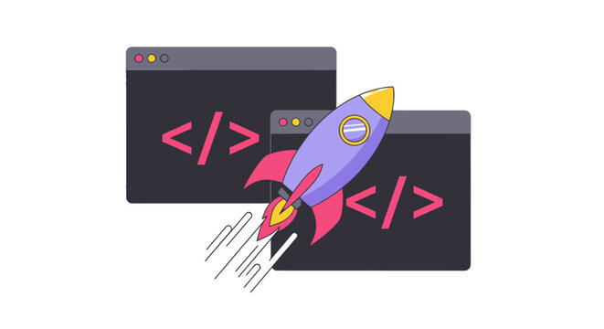 Rocket Launch Emerging From Coding Windows Illustrates Tech Innovation and Software Development.