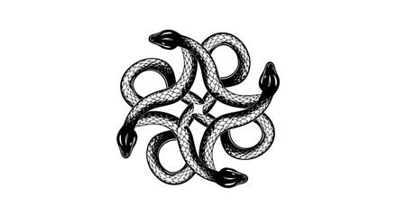 Naklejka premium Interwoven Serpent Circle: Monochrome Illustration of Four Entwined Snakes.