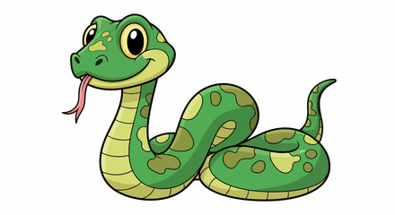 Fototapeta premium Playful green cartoon snake with expressive eyes and friendly posture in whimsical illustration.