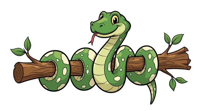 Playful cartoon green snake coiled on a branch with leaves in a cheerful illustration.