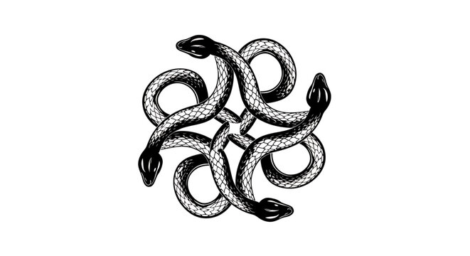 Interwoven Serpent Circle: Monochrome Illustration of Four Entwined Snakes.