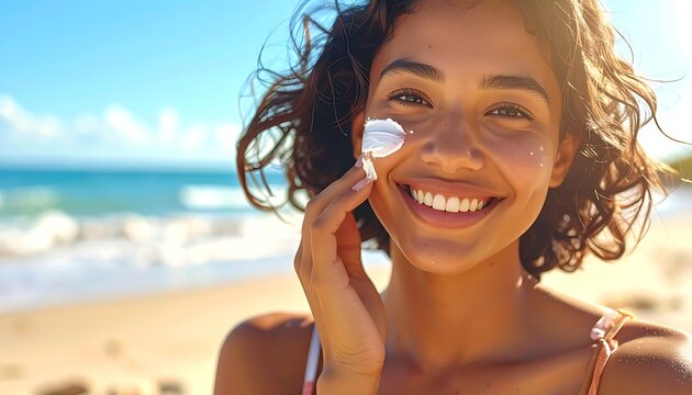 A woman applying cream on her cheek on a sunny beach