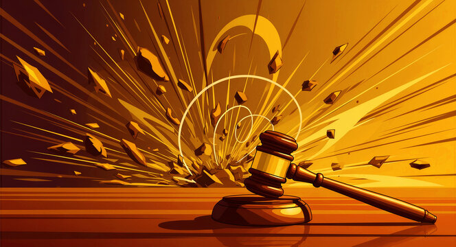 Judge's gavel striking a surface causing a massive explosion with debris. Stylized comic art of a golden mallet with shockwaves. Law reform concept, ideal for legal marketing and social justice.