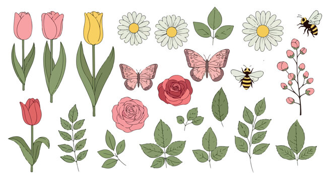 Vintage floral vector collection, botanical garden elements with tulips and roses, hand drawn spring flowers with butterflies and bees