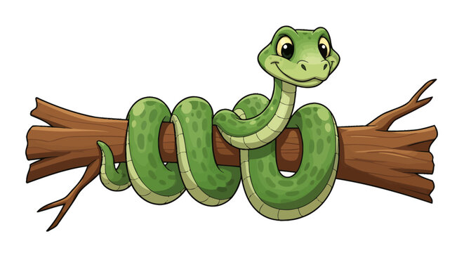 Playful cartoon green snake coiled around a tree branch.