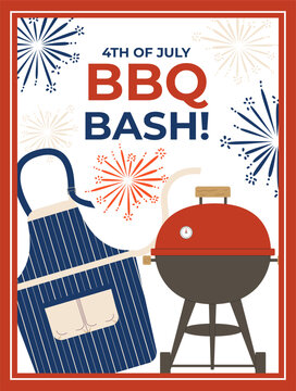 A patriotic vertical celebration poster template for a 4th of July BBQ Bash. The graphic layout includes a blue striped kitchen apron, a red barbecue grill, and festive fireworks explosions in nationa