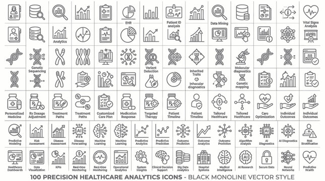 Collection of 100 precision healthcare analytics icons in black monoline vector style