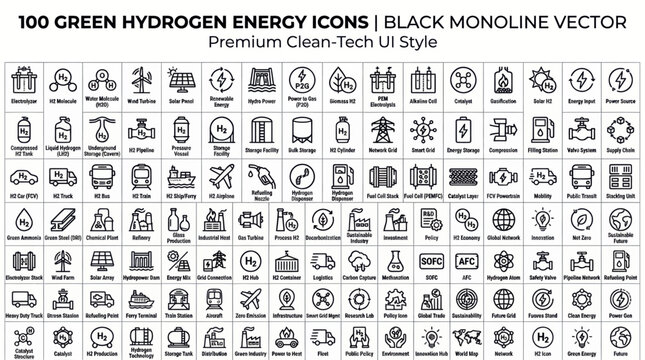 100 green hydrogen energy icons in black monoline vector style for cleantech ui