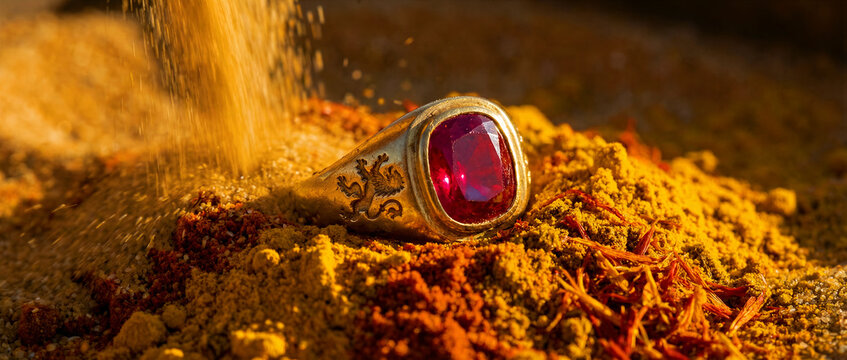 Gold signet ring with ruby gemstone resting on piles of spices. Fine yellow powder falls over antique jewelry with a lion crest. Luxury treasure concept for high-end jewelry marketing.