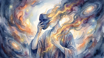 Naklejka premium Figure Removing Shadow Mask Transforming Into Cosmic Energy Symbolizing Spiritual Rebirth JPG