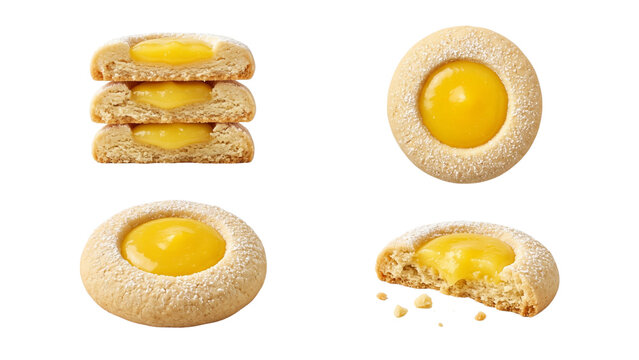 Homemade Lemon Curd Filled Thumbprint Butter Cookie Arrangement Overhead Citrus Center Transparent PNG Cutout White Background Bundle