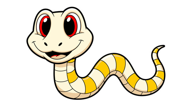 Cheerful cartoon snake with yellow stripes and friendly expression.